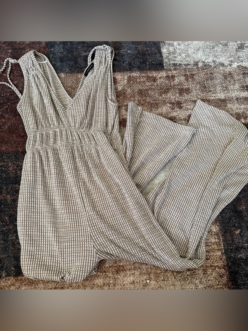 Caution To The Wind Taupe Check V-Neck Wide-Leg Jumpsuit